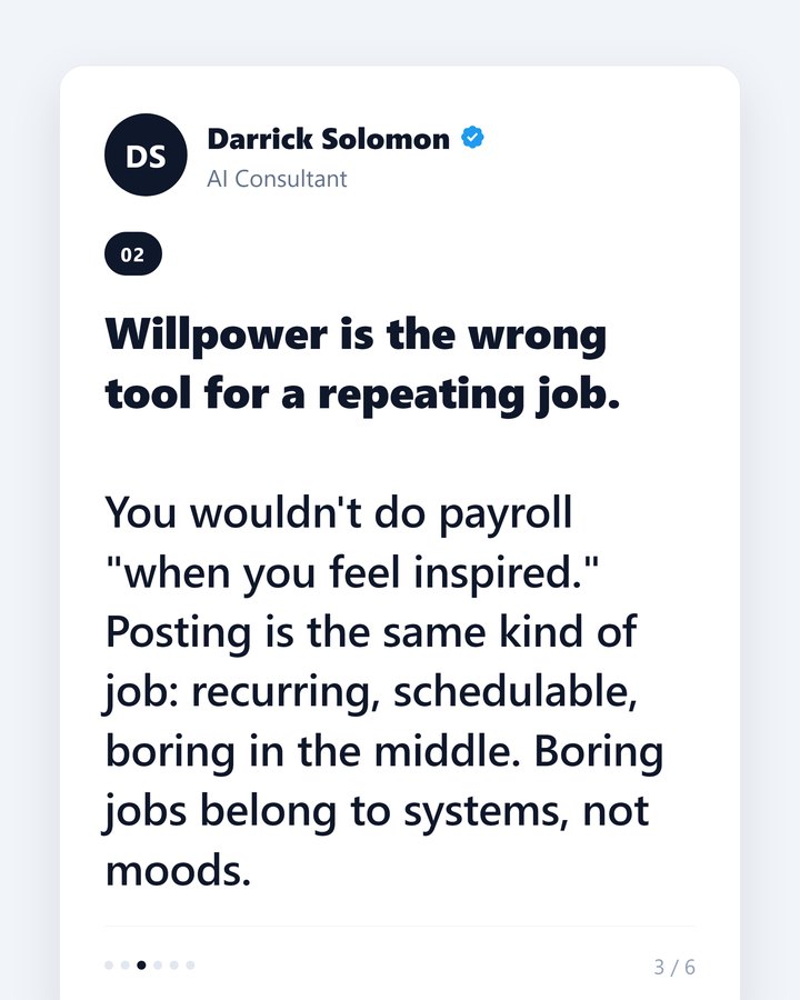 Slide 3 of the same carousel: 'Willpower is the wrong tool for a repeating job.'